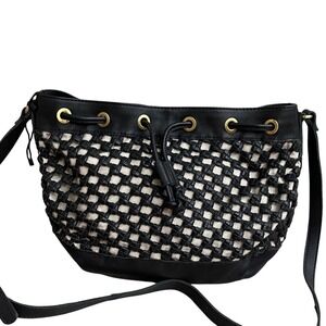 Marta Ponti NEW Black Woven Leather Bucket Bag Crossbody Drawstring Gold